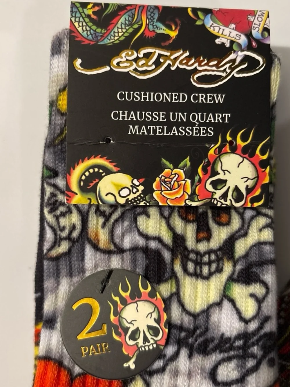 Ed Hardy Men’s Cushioned Crew Socks - Skull Tattoo Print, Black/Gray